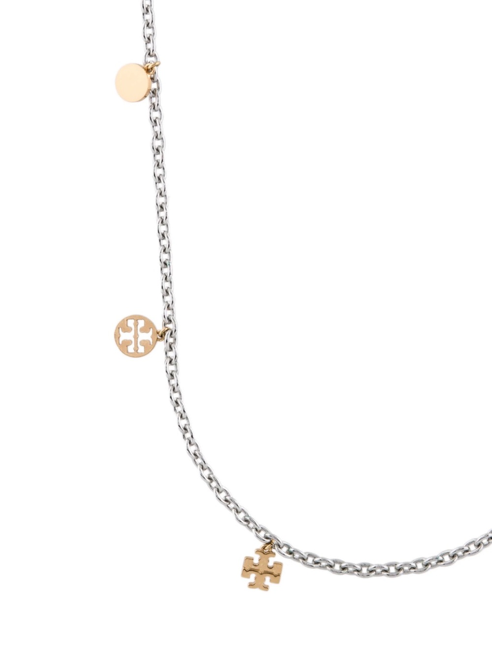 Tory Burch Two-Tone Logo Charm Rosary Necklace in Gold and Silver